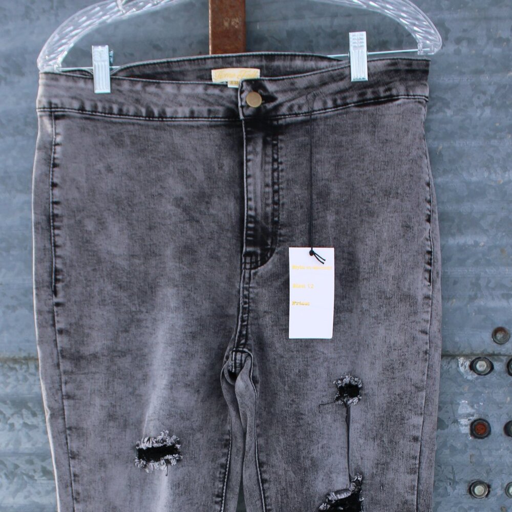 Acid Washed Distressed Black Bell Bottom Jeans || Size 12 - Picture 2 of 2